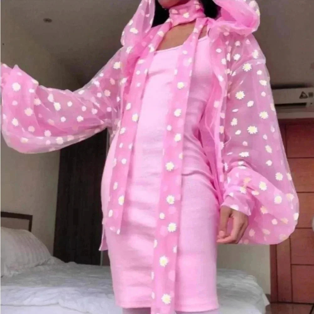House Of Aris Sheer Pink Daisy Festival Cardigan Over Sized Hood Size  Medium